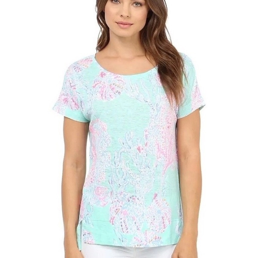 Lilly Pulitzer Mikela Fan Sea Minty Fresh Linen Top Tee Short Sleeve S